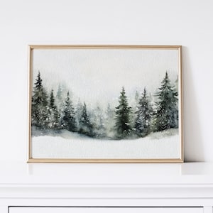 Winter Wald Malerei Weihnachten Druck, druckbare Wandkunst, Weihnachtsdekor, verschneite Winterlandschaft immergrüne Bäume Aquarellmalerei