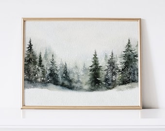 Winter Forest Painting Christmas Print, Printable Wall Art, Christmas Decor, Snowy Winter Landscape Evergreen Trees Watercolor Painting