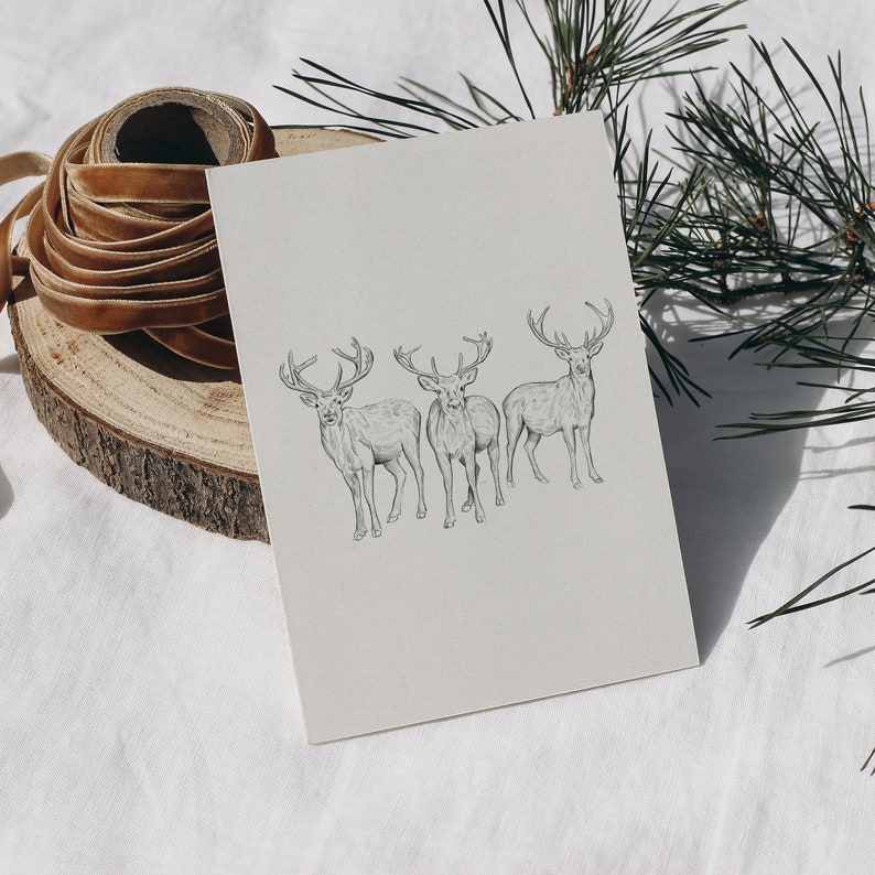 Reindeer Drawing Print Christmas Decor, Neutral Winter Printable Wall Art, Hand Drawn Deer Sketch Animal Poster, Vintage Style Holiday image 3