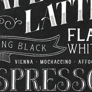 May include: Black and white chalkboard sign with the text "Espresso" in a large, decorative font. The sign also includes the text "Vienna, Mochaccino, Affogato, Flat White, Long Black, Latte".