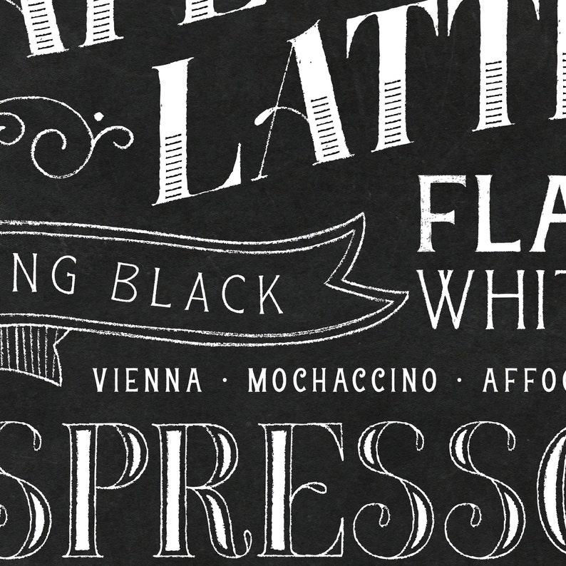 May include: Black and white chalkboard sign with the text "Espresso" in a large, decorative font. The sign also includes the text "Vienna, Mochaccino, Affogato, Flat White, Long Black, Latte".