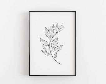 Botanical Line Art, Printable Art, Botanical Poster, Minimalist Wall Decor, Modern Line Drawing, Black Leaf Art, Abstract Leaf, Plant Print