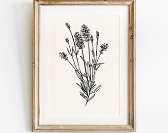 May include: A black and white line drawing of lavender flowers in a wooden frame.