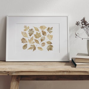 Neutral Fall Print, Printable Wall Art, Watercolour Fall Leaves Print, Gold Fall art, Fall decor, Autumn Print, Fall Sign, Fall painting image 4