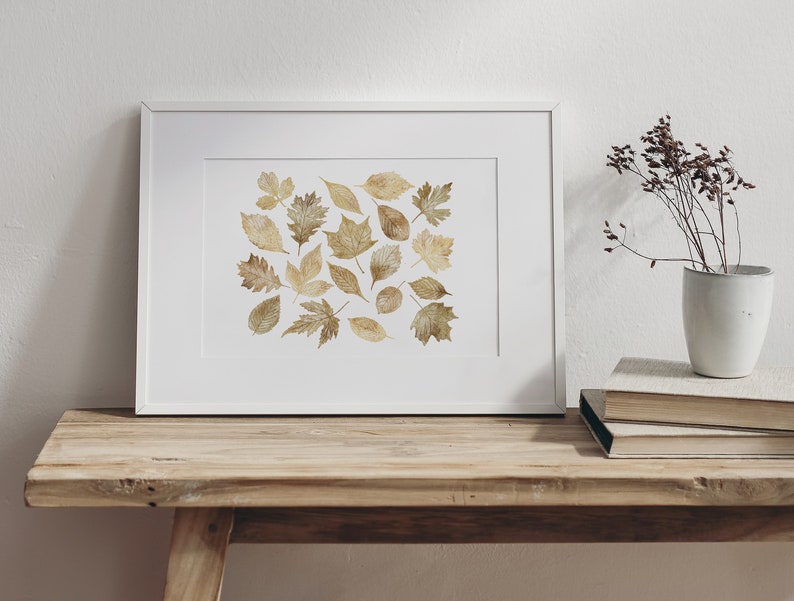 Neutral Fall Print, Printable Wall Art, Watercolour Fall Leaves Print, Gold Fall art, Fall decor, Autumn Print, Fall Sign, Fall painting image 4