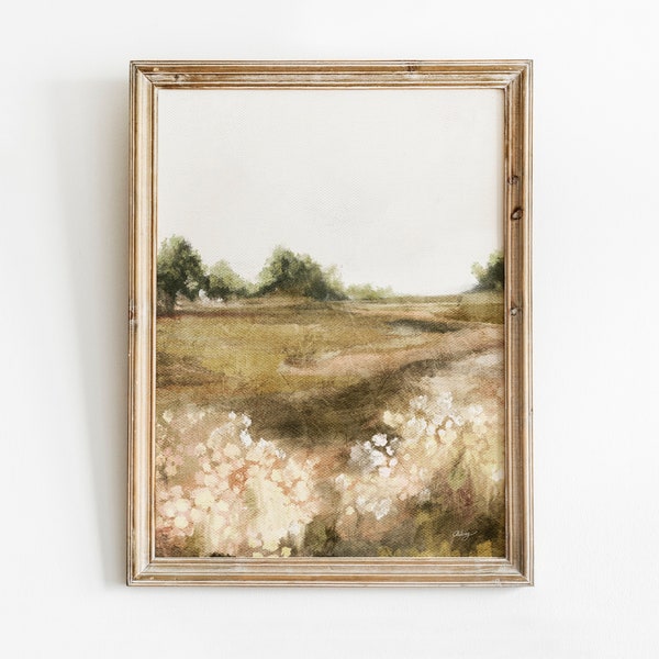 Country Summer Landscape Print, Natural Farmhouse Printable Wall Art, Cottagecore Decor, Spring Flower Field Landscape Oil Painting