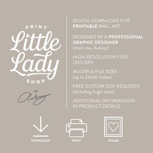 May include: A digital download advertisement for printable wall art. The image features the text "Print Little Lady Shop" and details about the product, including high-resolution files and multiple sizes up to 24x36 inches.