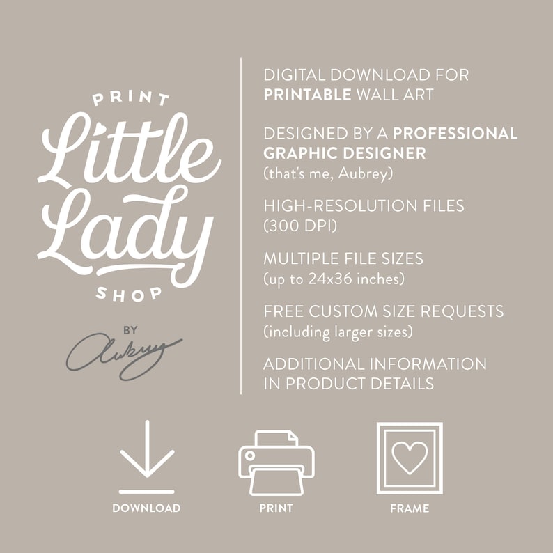 May include: A digital download advertisement for printable wall art. The image features the text "Print Little Lady Shop" and details about the product, including high-resolution files and multiple sizes up to 24x36 inches.