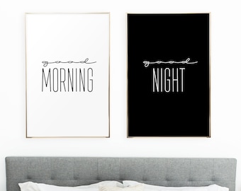 Bedroom print/ printable art/ modern print/ minimalist print/ bedroom decor/ bedroom wall art/ good morning/ good night/ set of 2/ large