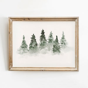 Weihnachten Print, Winter Bäume Weihnachtsdekor, Weihnachten druckbare Wandkunst, verschneite Winterwald Landschaft Malerei, Aquarell Kunst,