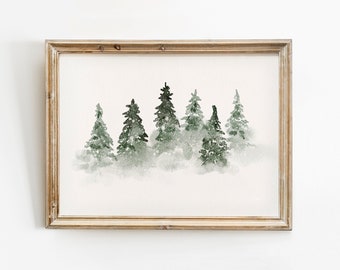 Christmas Print, Winter trees Christmas Decor, Christmas Printable Wall Art, Snowy Winter Forest Landscape Painting, Watercolour art,