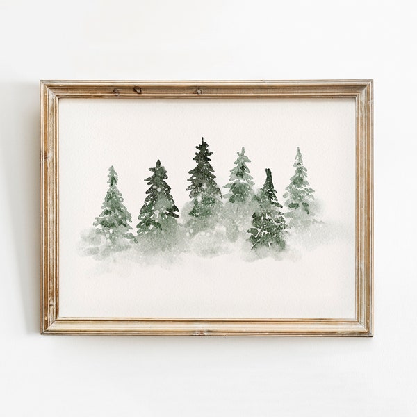 Christmas Print, Winter trees Christmas Decor, Christmas Printable Wall Art, Snowy Winter Forest Landscape Painting, Watercolour art,