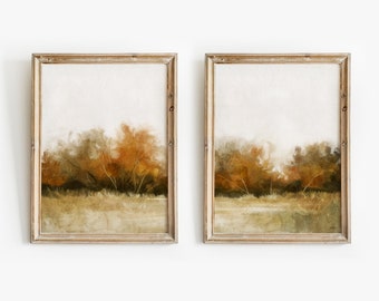 Set of 2 Fall Landscape Prints, Fall Decor, Autumn Trees Printable Wall Art, Forest Scenery Vintage Style Painting, Large Digital Download
