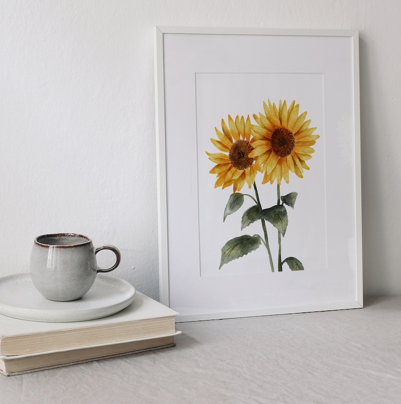 May include: A white framed print of two yellow sunflowers with green leaves on a white background.