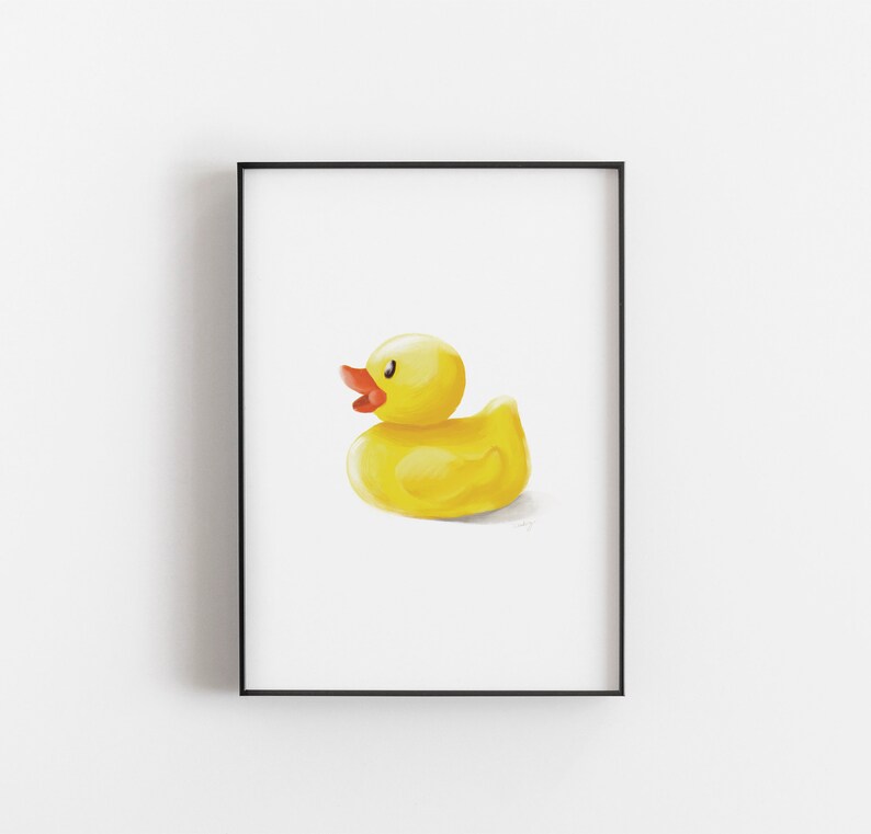 May include: A yellow rubber duck with a red beak and eyes. The duck is sitting on a white background.