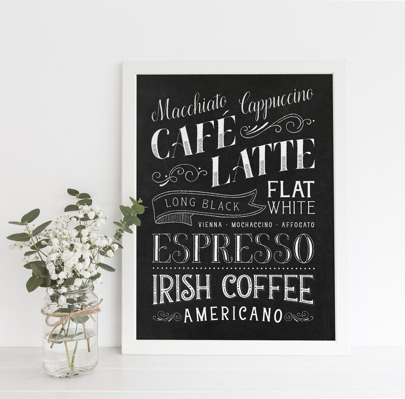 May include: Black and white chalkboard sign with a white frame listing various coffee drinks, including macchiato, cappuccino, cafe latte, long black, flat white, espresso, Irish coffee, and Americano.