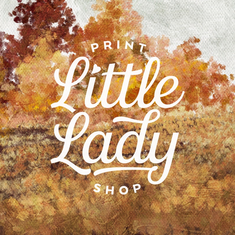 May include: A watercolour-style illustration of autumn foliage with the text "PRINT little Lady SHOP" in white.