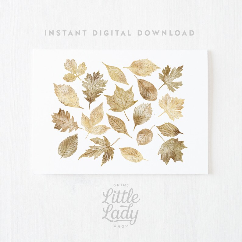 Neutral Fall Print, Printable Wall Art, Watercolour Fall Leaves Print, Gold Fall art, Fall decor, Autumn Print, Fall Sign, Fall painting image 2