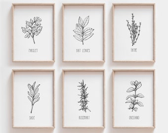 Set of 6 Herb Prints, Kitchen Printable Art, Botanical Print, Kitchen decor, Kitchen Wall Art, Kitchen Print Set, Botanical Line Art