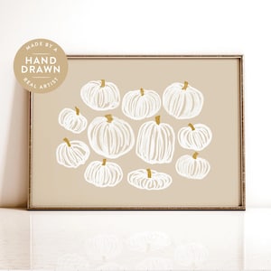 Neutral Halloweenpumpatryck, utskrivbar höstväggkonst, beige höstdekor, handritad vit pumpamålning, modern Halloweendekoration