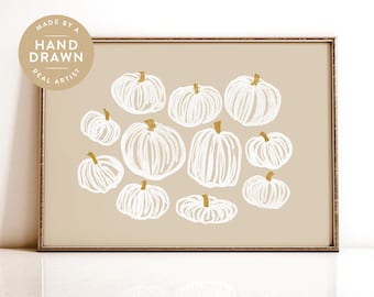 Neutral Halloween Pumpkin Print, Fall Printable Wall Art, Beige Fall Decor, Hand Drawn White Pumpkin Painting, Modern Halloween Decoration