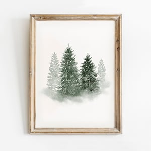 Christmas Tree Print, Christmas Printable Art, Snowy Winter Landscape Poster, Evergreen Pine Tree Watercolour Painting, Winter Wall Art