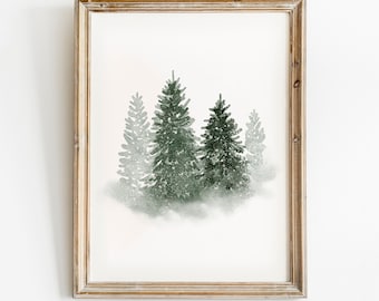 Kerstboom print, kerst afdrukbare kunst, besneeuwde winterlandschap poster, groenblijvende pijnboom aquarel, winter kunst aan de muur