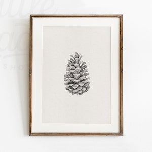 Neutrale Tannenzapfen Skizze Weihnachtsdruck, rustikale Weihnachtsdekor, Winter druckbare Wandkunst, Vintage Stil Bleistiftzeichnung