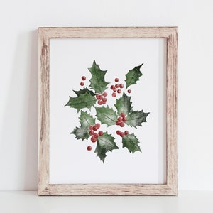 Holly Berry Leaves Christmas Print, Christmas Printable Wall Art, Vintage Style Christmas Decorations, Watercolour Painting, Winter art