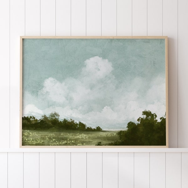 Impresión de paisaje de primavera suave, arte de pared imprimible de paisaje de verano, pintura al óleo de inspiración vintage de campo de campo, pintura de cielo nublado azul
