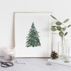 Christmas Tree Print, Christmas Printable Wall Art, Vintage Style Christmas Decorations, Snowy Tree Watercolour Painting, Winter Wall Art image 4