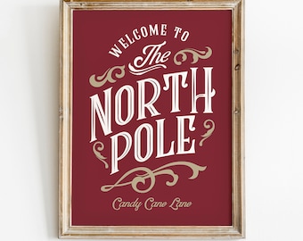 North Pole Print, Vintage Christmas Printable Wall Art, Christmas Print, North Pole Sign, Christmas Decorations, Christmas Wall Decor