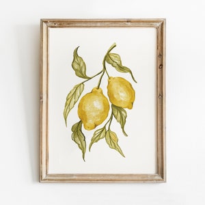 Pode incluir: Pintura em aquarela emoldurada de dois lim&otilde;es amarelos em um galho com folhas verdes. A moldura &eacute; de madeira marrom clara. Os lim&otilde;es t&ecirc;m uma apar&ecirc;ncia texturizada e as folhas s&atilde;o detalhadas com v&aacute;rias tonalidades de verde.