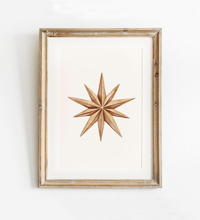 Bronze Gold Star Christmas Print, Neutral Christmas Print, Christmas Printable Wall Art, Vintage Star Decoration Watercolour Painting image 2