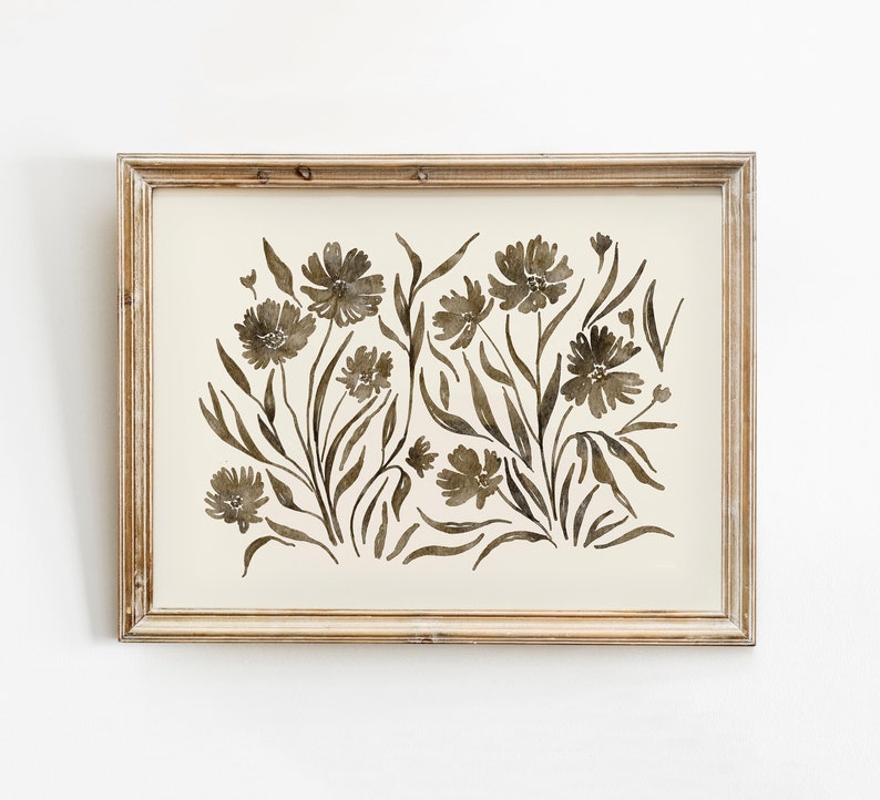 Neutral Flower Printable Wall Art, Spring Wildflower Botanical Print, Neutral Wall Art, Vintage Inspired Floral Poster, Abstract Wall Decor image 1