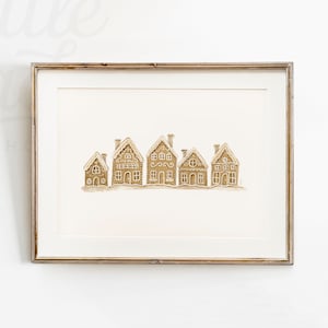 Gingerbread House Village Christmas Print, Neutral Christmas Decor, Printable Wall Art, Hand-drawn Watercolour Painting