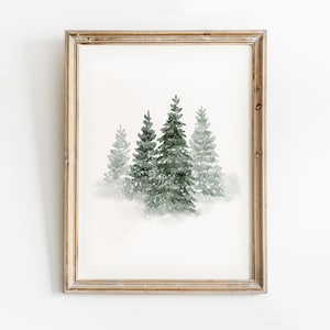 Verschneite immergrüne Bäume Druck, Winterwald druckbare Wandkunst, Weihnachtsaquarell, Winterlandschaft, verschneite Kiefer