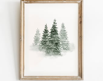 Besneeuwde groenblijvende bomen print, winter bos afdrukbare muur kunst, kerst aquarel schilderen, winterlandschap, besneeuwde pijnboom poster