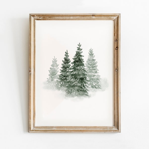 Print besneeuwde groenblijvende bomen, winterbos afdrukbare muurkunst, kerst aquarel schilderij, winterlandschap, besneeuwde dennenboom poster