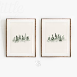 Conjunto de impresión de árboles de Navidad de hoja perenne, conjunto de 2 arte de pared imprimible, pintura de bosque de invierno, cartel de árbol nevado de paisaje de acuarela mínimo