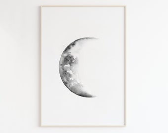 Moon Print, Moon Phase Watercolor Painting, Printable Art, Space Poster, Crescent Moon Phase Wall Art, Lunar Print, Celestial wall decor