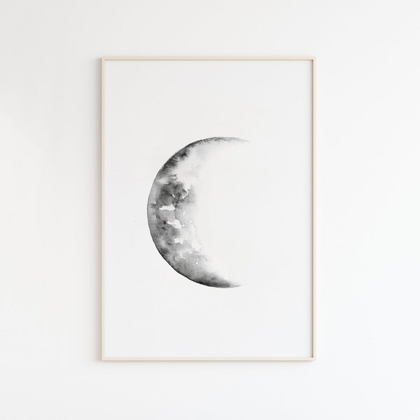 Moon Print, Moon Phase Watercolor Painting, Printable Art, Space Poster, Crescent Moon Phase Wall Art, Lunar Print, Celestial wall decor