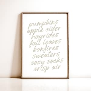 Arte de pared imprimible de otoño neutral, impresión de otoño moderno, decoración de otoño beige, escritura acogedora, refranes de la lista de otoño Póster