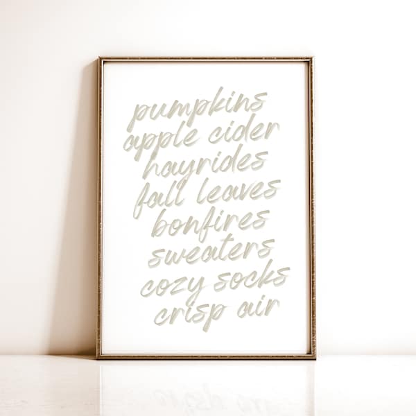 Neutral Fall Printable Wall Art, Modern Autumn Print, Beige Fall Decor, Cozy handwriting Fall List Sayings Poster