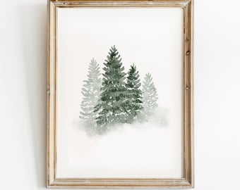 Kerstprint, Winter Forest Print, Pine Tree afdrukbare muurkunst, grote kerstkunst, landschap, groenblijvende boom aquarel