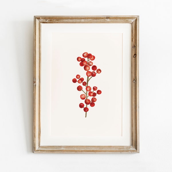 Red Holly Berry Christmas Print, Christmas Printable Art, Christmas Wall Art, Botanical Winter Watercolour Painting, Red Holiday Decor