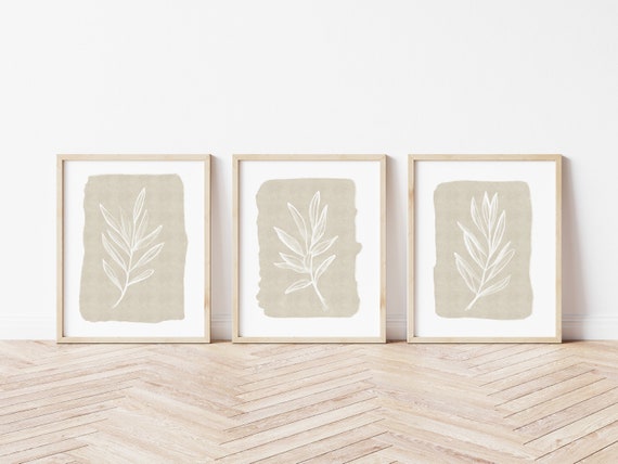 Set of 3 prints, Gallery wall art, printable wall art, Botanical leaf line drawing, neutral wall decor, modern beige print, large wall decor