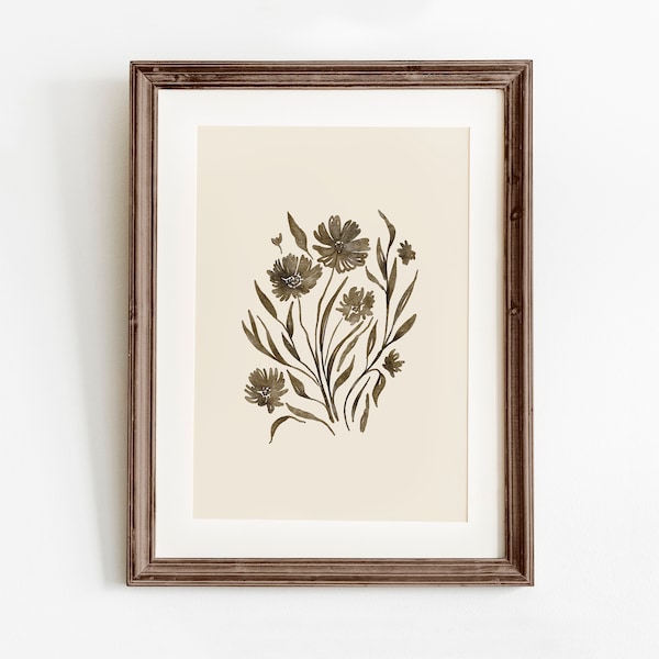 Neutral Floral Print, Printable Wall Art, Spring Wildflower Painting, Brown botanical print, Vintage Style flower Print, Original Artist