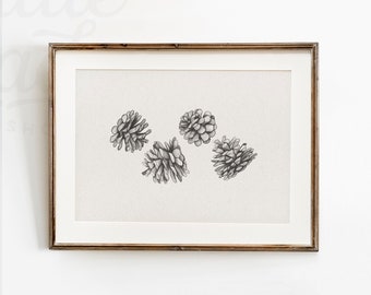 Pinecone Sketch Winter Print, Rustic Christmas Decor, Neutral Winter Printable Wall Art, Vintage Style Pencil  Drawing, Hand-drawn