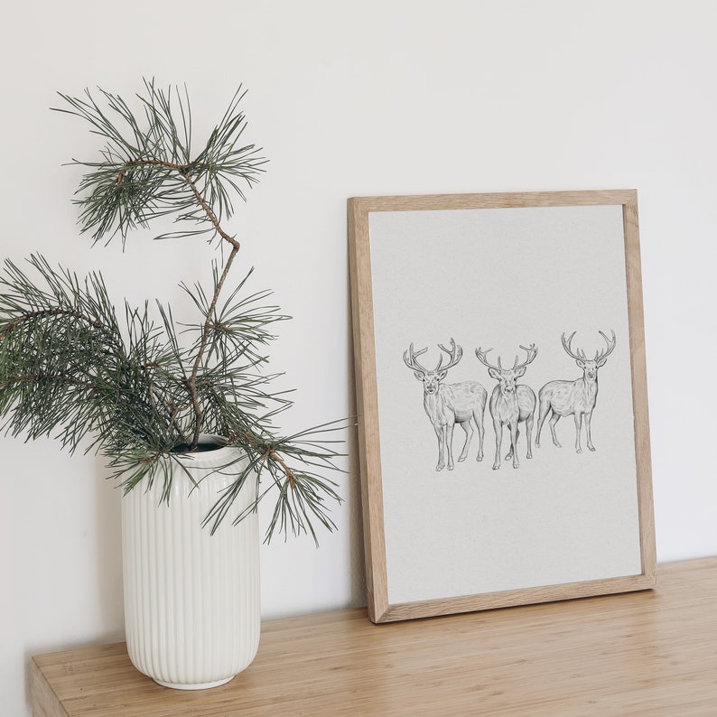 Reindeer Drawing Print Christmas Decor, Neutral Winter Printable Wall Art, Hand Drawn Deer Sketch Animal Poster, Vintage Style Holiday image 7